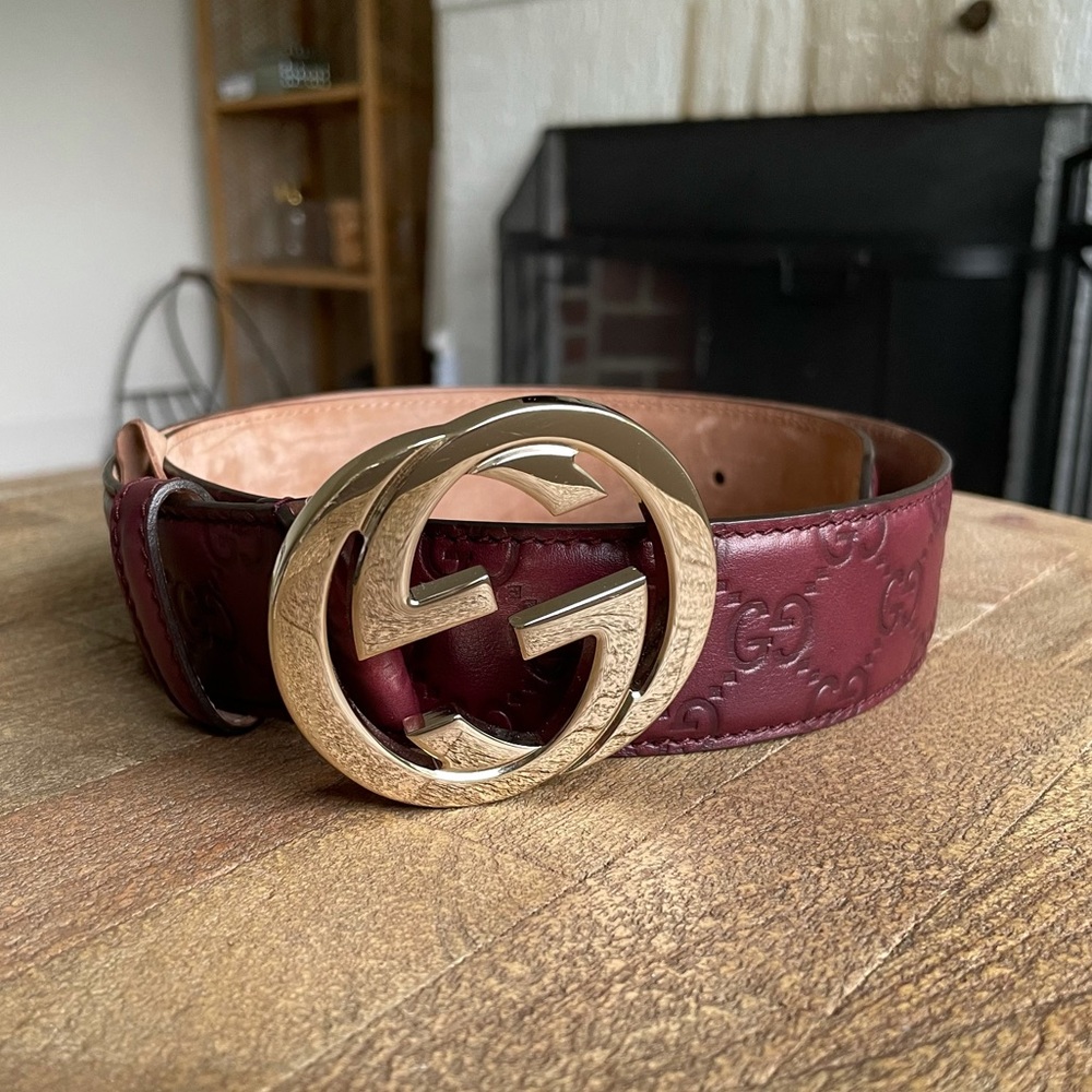 Gucci Burgundy Logo Belt Light Gold Hardware